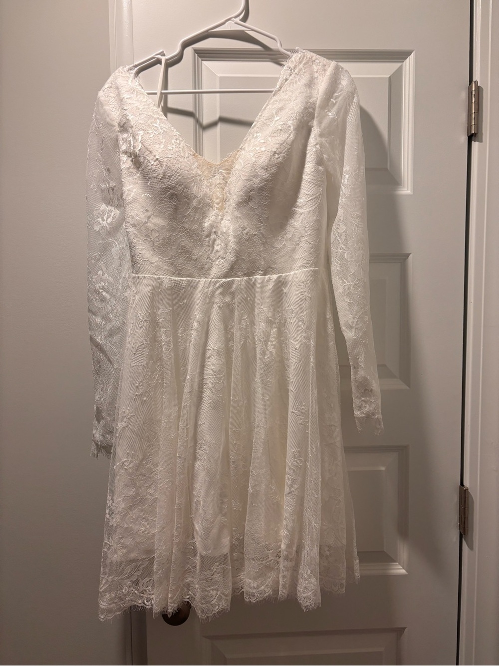 Kissprom White Lace Long-Sleeve Mini Dress Deep V-Neck